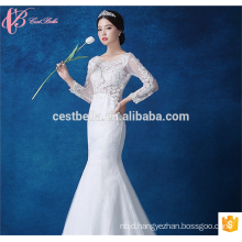 Alibaba Summer Woman White Satin Mermaid Lace Trumpet Long Sleeve Wedding Dress